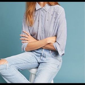 Rails Gray Striped Button Down Shirt With Pearls And Silver Beads Size L